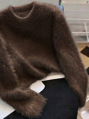 Mocha Brown Casual Women's Fuzzy Round Neck Loose Sweater